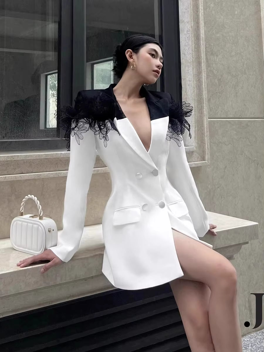 Elegant Lace Patchwork Double-Breasted Notched Office Mini Blazers Dress