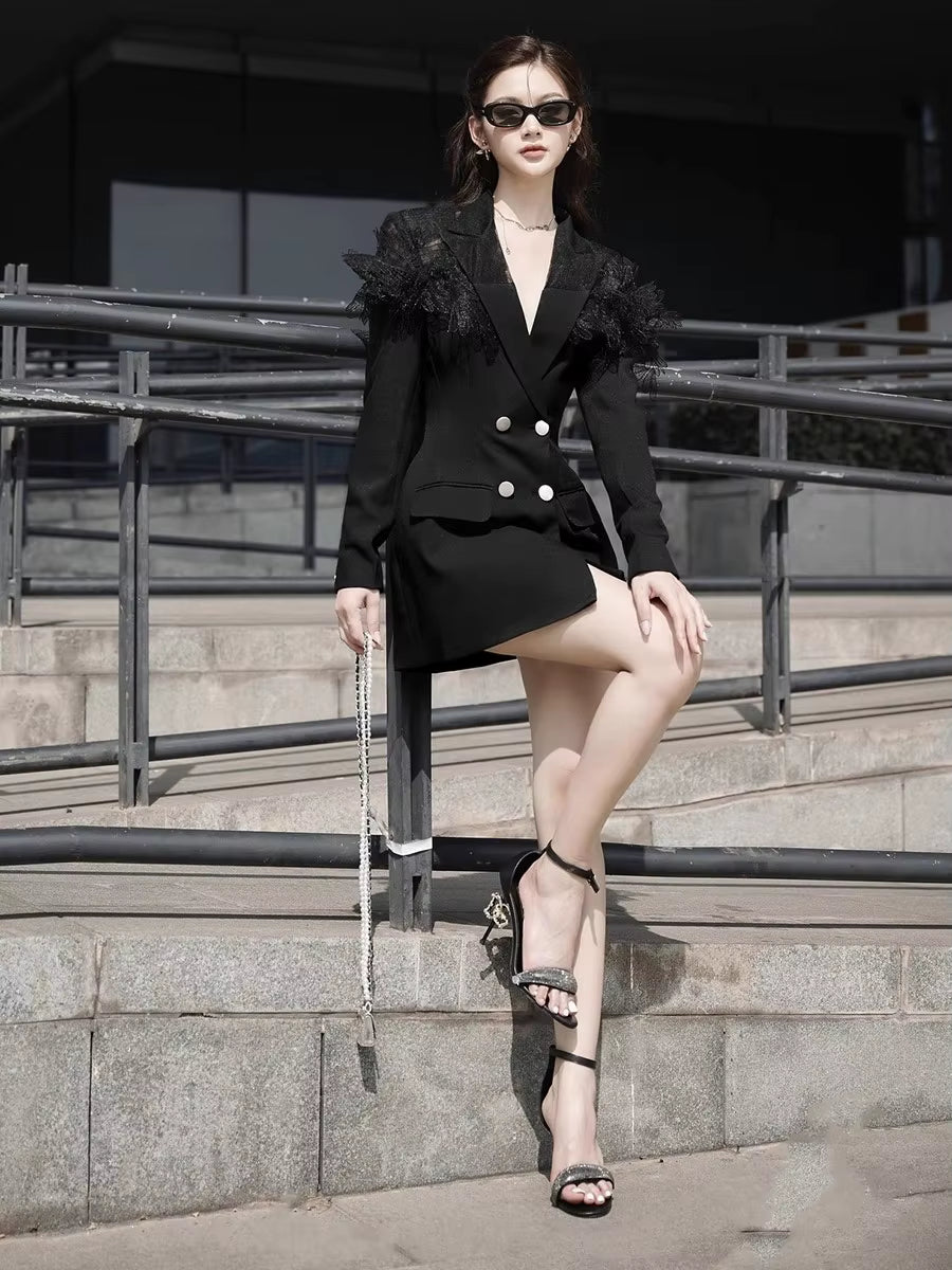 Elegant Lace Patchwork Double-Breasted Notched Office Mini Blazers Dress