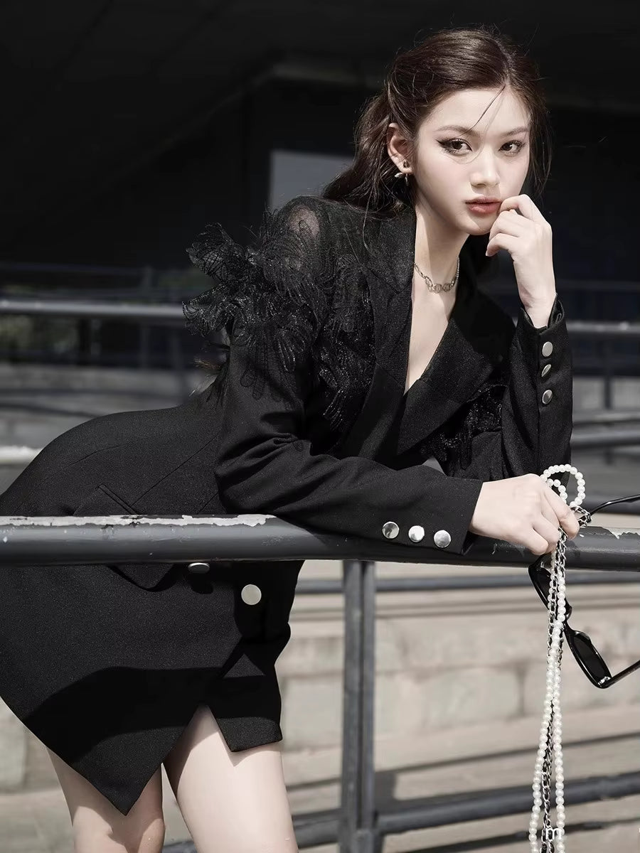 Elegant Lace Patchwork Double-Breasted Notched Office Mini Blazers Dress