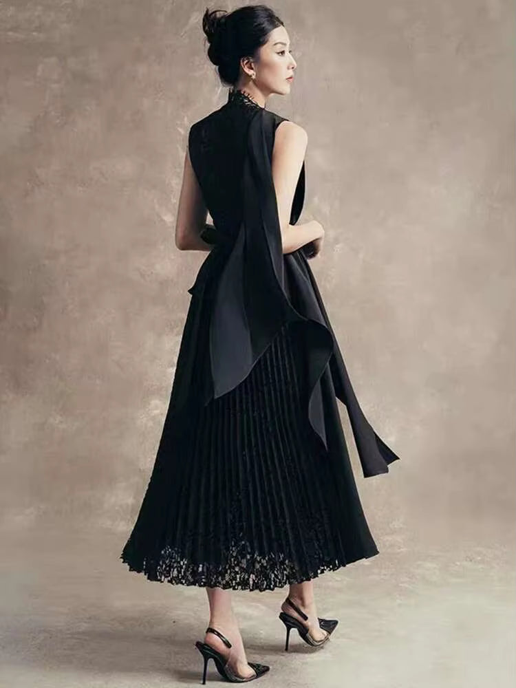 Elegant Lace Patchwork Ribbon Stand Neck Asymmetrical Pleated A-line Midi Dress