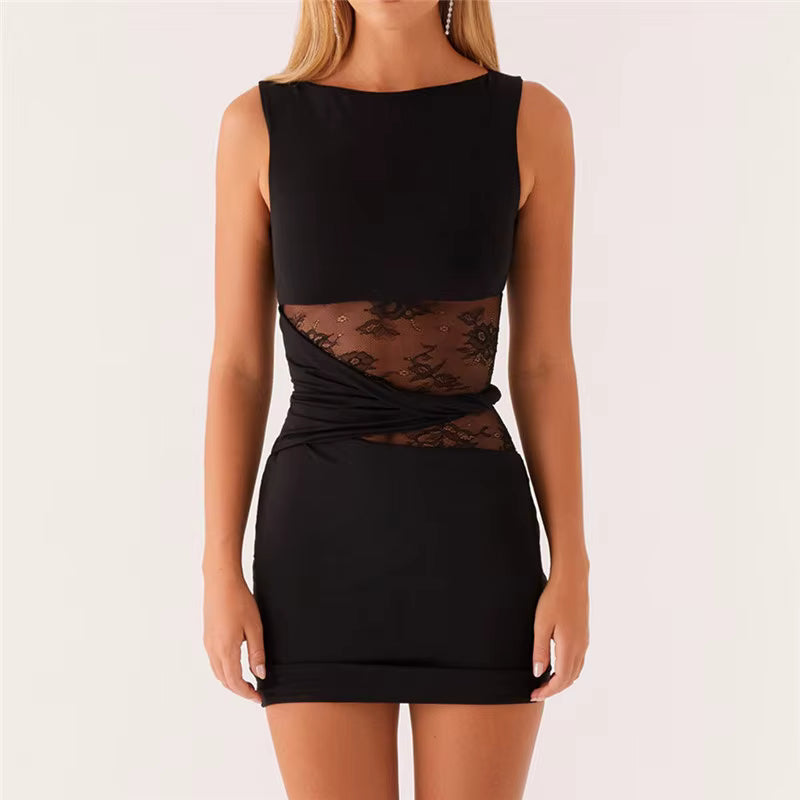 Elegant Lace Patchwork Sleeveless Slim Fit Cut Out Short Mini Dress