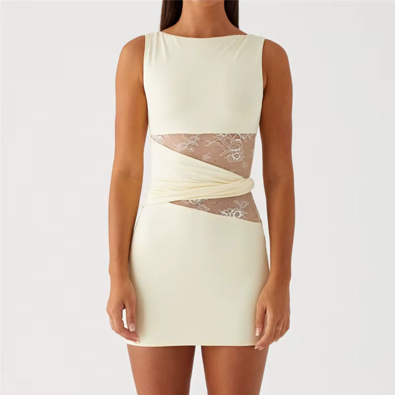 Elegant Lace Patchwork Sleeveless Slim Fit Cut Out Short Mini Dress