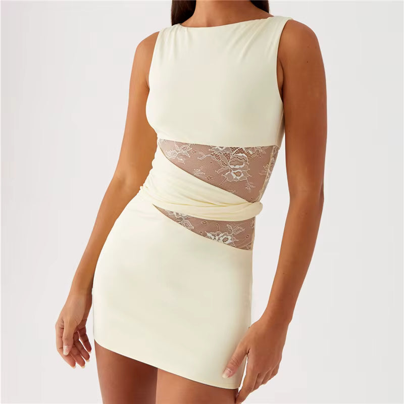 Elegant Lace Patchwork Sleeveless Slim Fit Cut Out Short Mini Dress