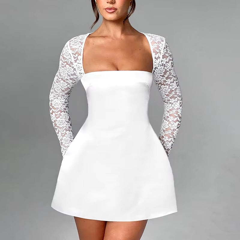 Elegant Lace Patchwork Waist Wrap A-line Mini Dress