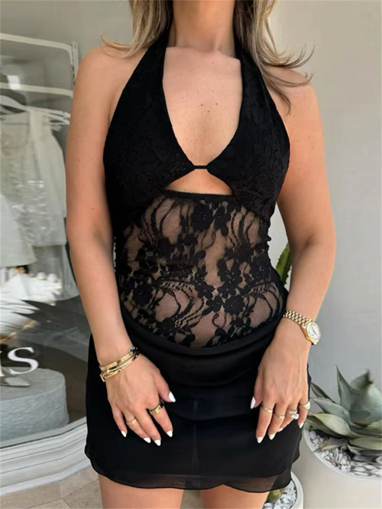Elegant Lace Sheer Halter Bandage V-neck Embroidered Patchwork Bodycon Mini Dress