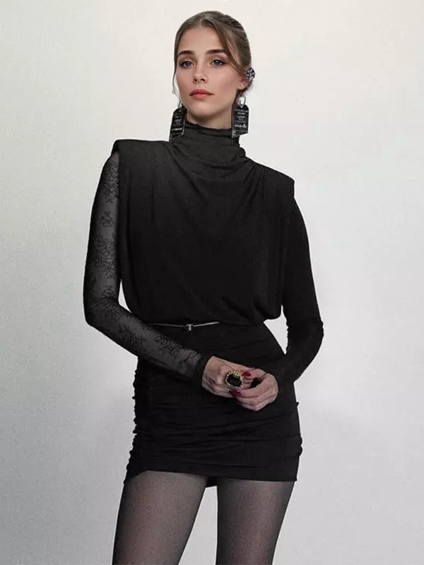 Elegant Lace Sleeve High Neck Bodycon Mini Dress