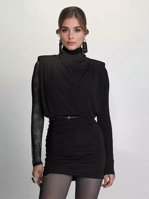Elegant Lace Sleeve High Neck Bodycon Mini Dress
