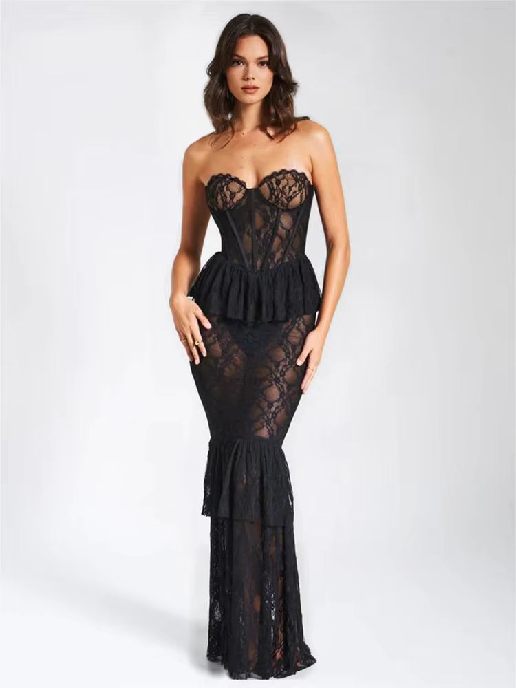 Elegant Lace Sleeveless Slim Fit Skinny Ruffle Edge Pleated Maxi Dress