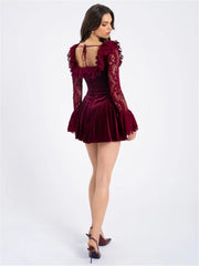 Elegant Lace Square Collar Flare Long Sleeve Mini Dress