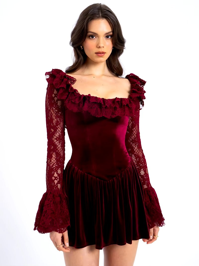 Elegant Lace Square Collar Flare Long Sleeve Mini Dress