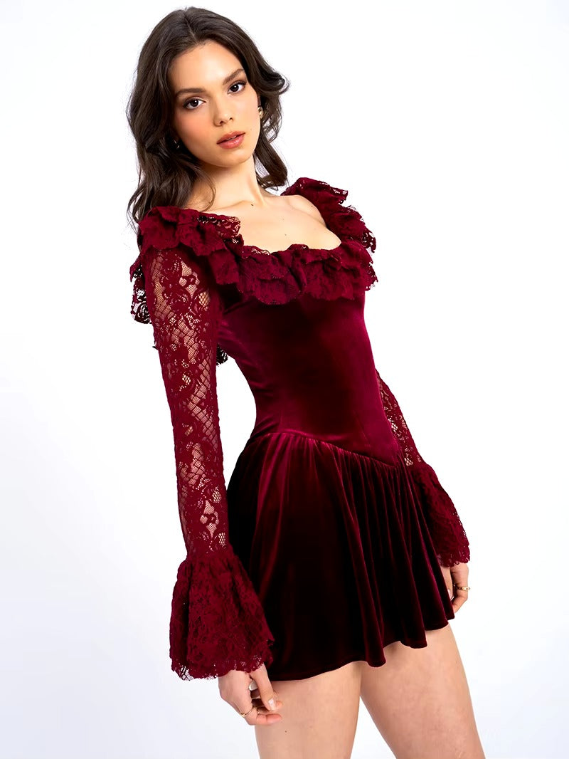 Elegant Lace Square Collar Flare Long Sleeve Mini Dress
