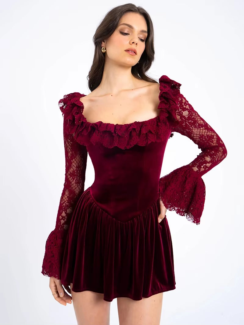 Elegant Lace Square Collar Flare Long Sleeve Mini Dress