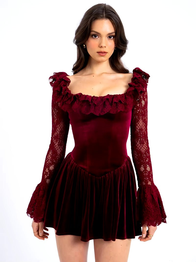 Elegant Lace Square Collar Flare Long Sleeve Mini Dress