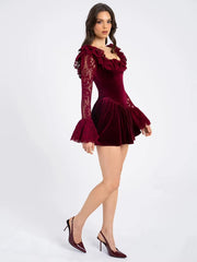 Elegant Lace Square Collar Flare Long Sleeve Mini Dress