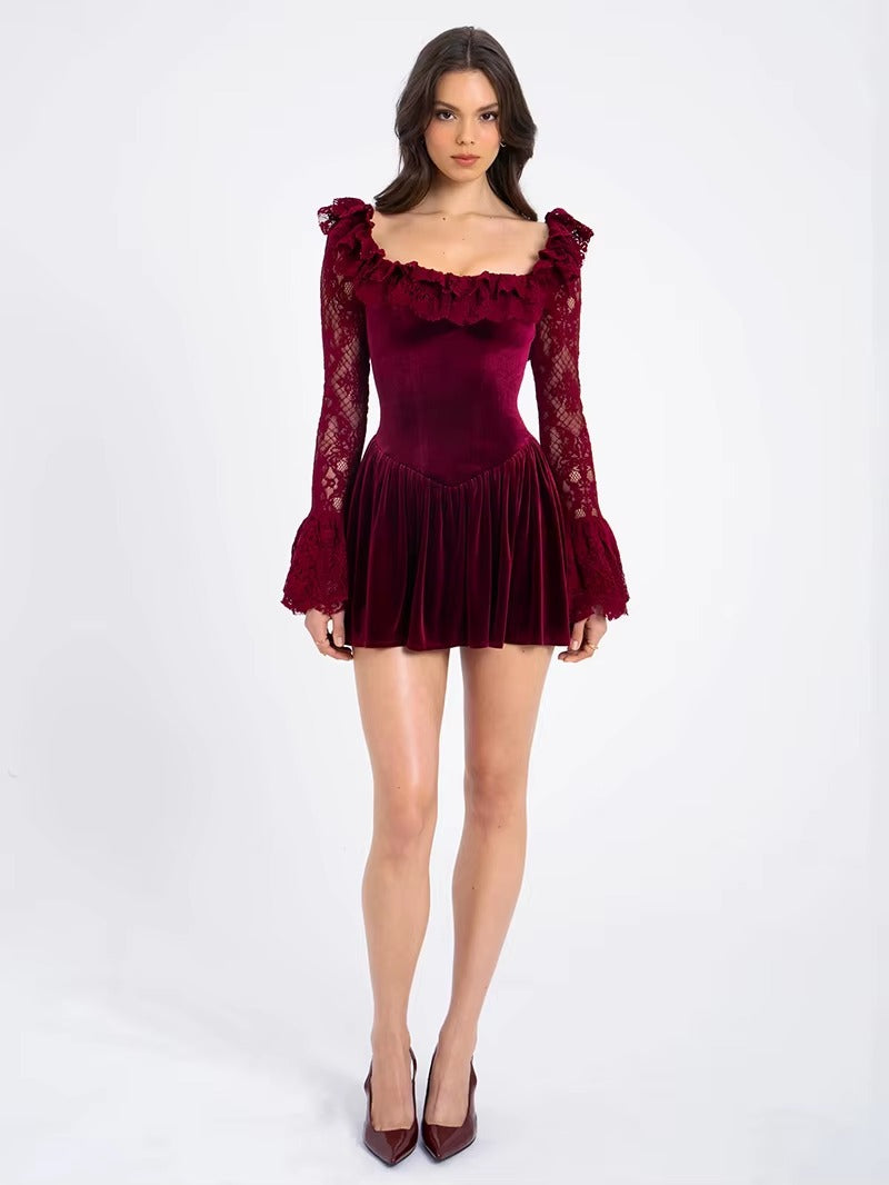 Elegant Lace Square Collar Flare Long Sleeve Mini Dress