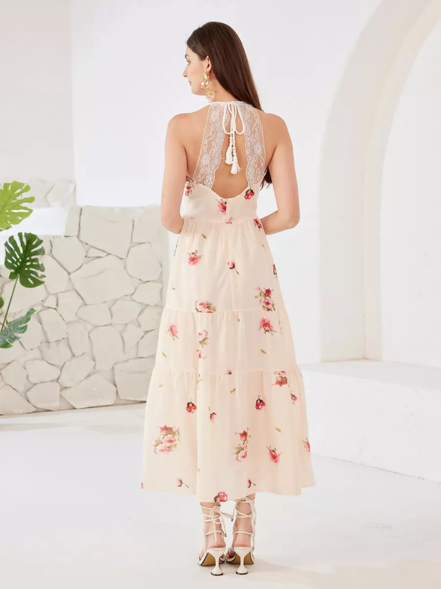 Elegant Lace Stitching V-neck Sleeveless Floral Dress