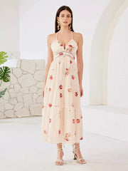 Elegant Lace Stitching V-neck Sleeveless Floral Dress