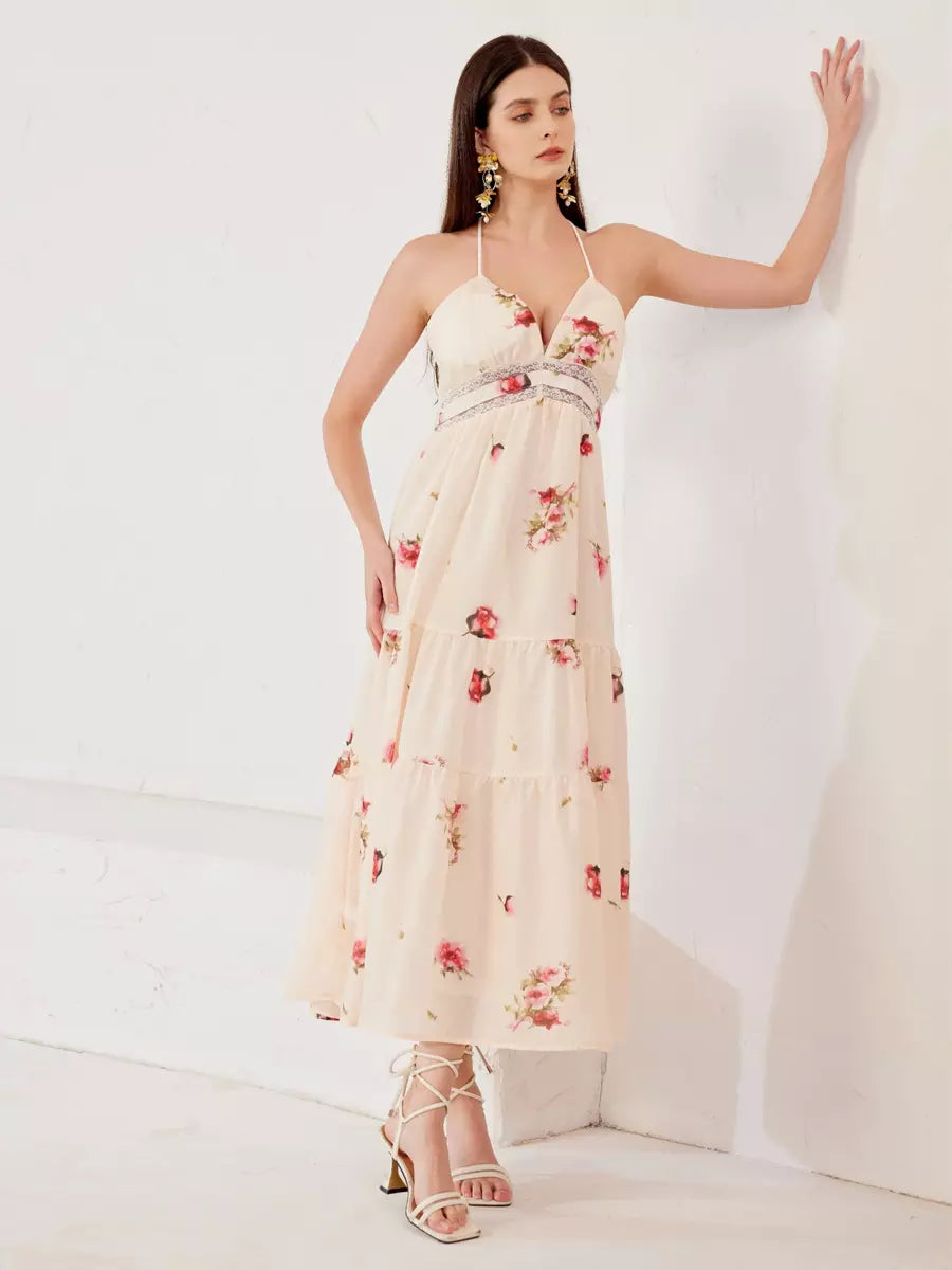 Elegant Lace Stitching V-neck Sleeveless Floral Dress