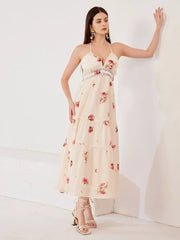 Elegant Lace Stitching V-neck Sleeveless Floral Dress
