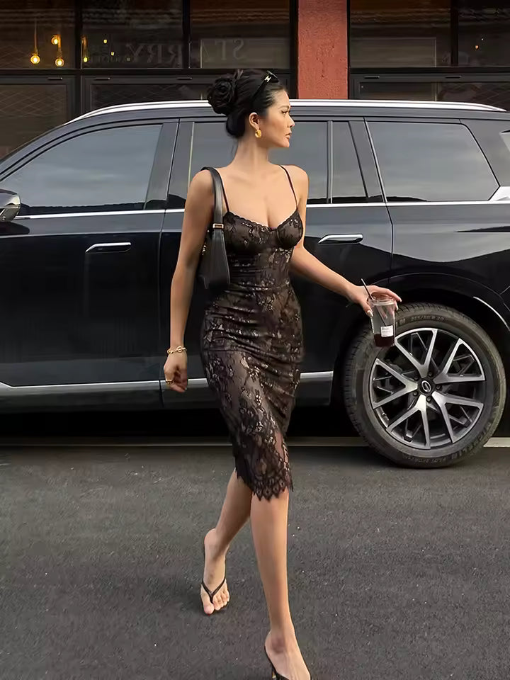 Elegant Lace Strap High Waist Slim Wrapped Hip Mid Length Dress