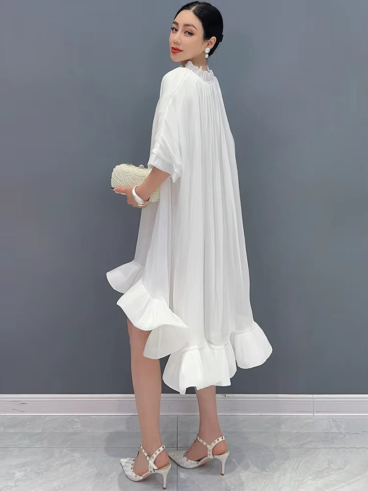 Elegant Lace Up 3D Ruffle Edge Large Swing Mini Dress