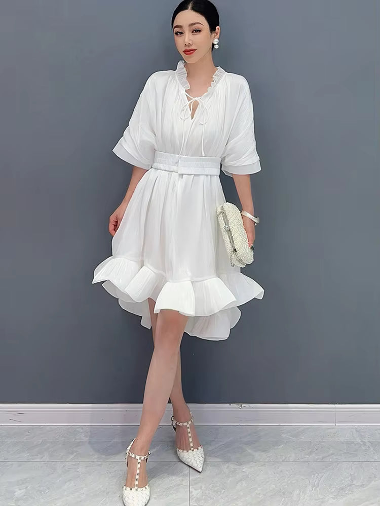 Elegant Lace Up 3D Ruffle Edge Large Swing Mini Dress