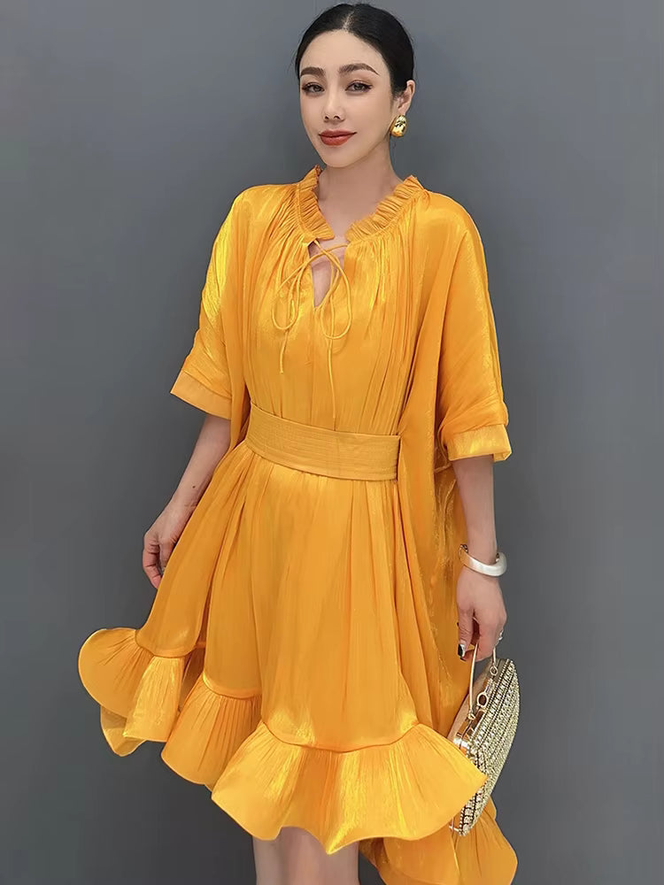 Elegant Lace Up 3D Ruffle Edge Large Swing Mini Dress