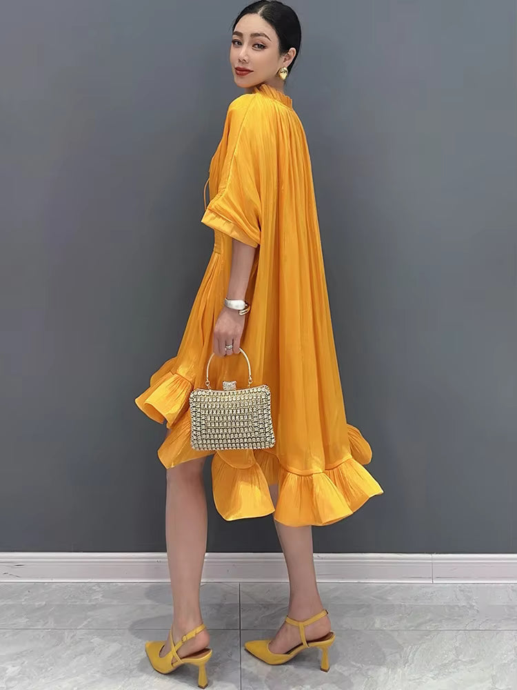 Elegant Lace Up 3D Ruffle Edge Large Swing Mini Dress