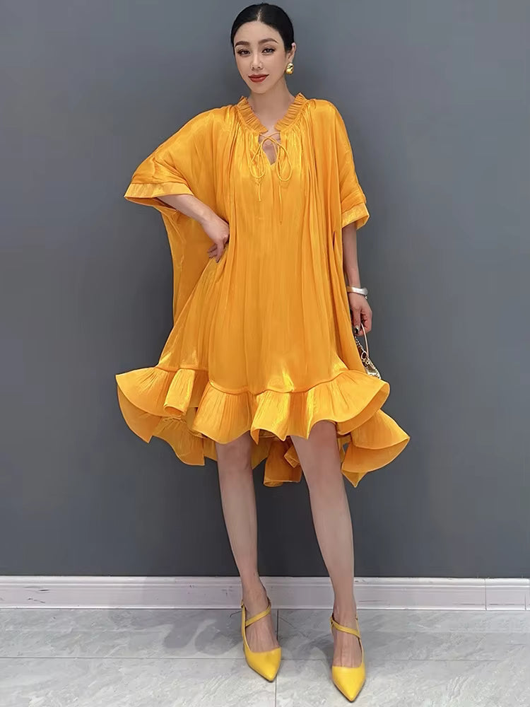 Elegant Lace Up 3D Ruffle Edge Large Swing Mini Dress