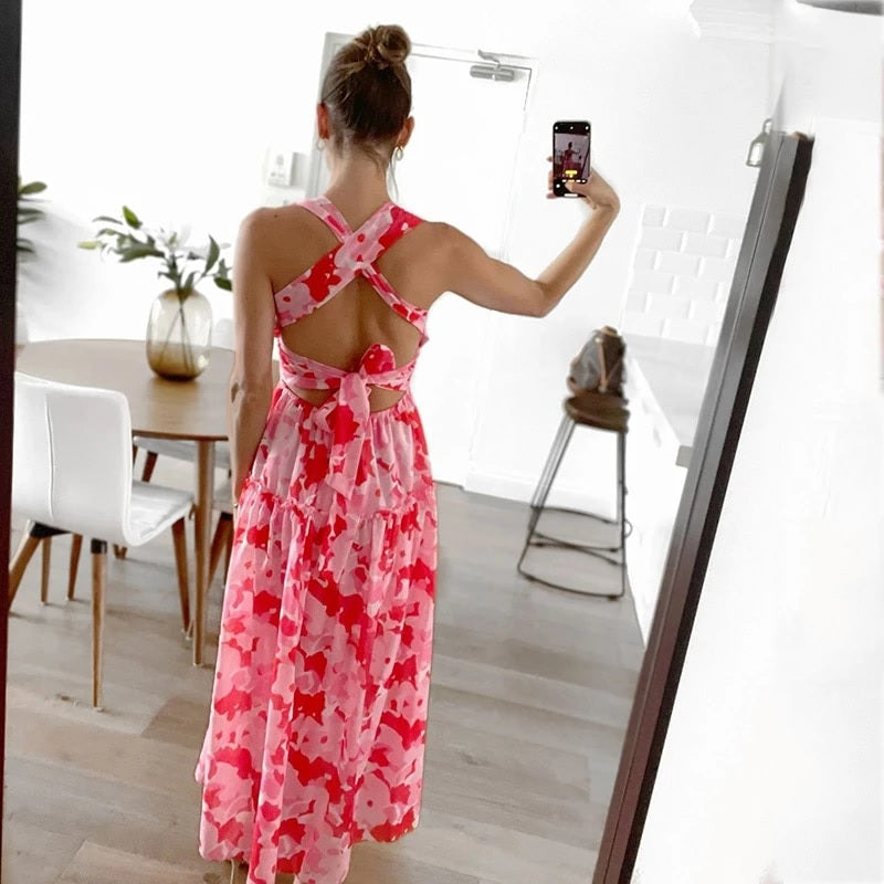 Elegant Lace Up Backless Holiday Maxi Dress