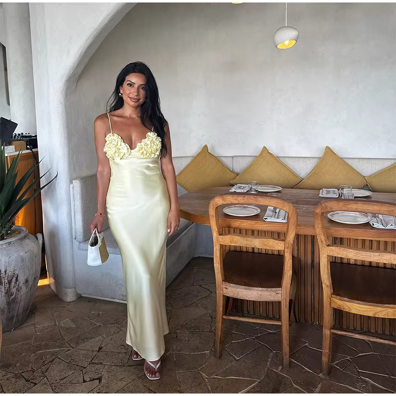 Elegant Lace Up Backless Sleeveless Flower Satin Long Dresses