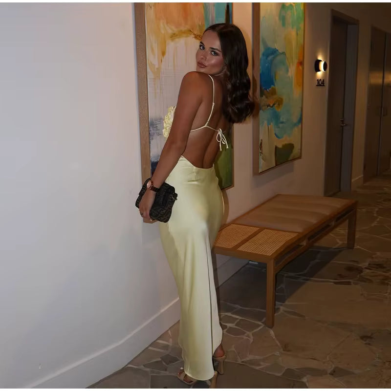 Elegant Lace Up Backless Sleeveless Flower Satin Long Dresses