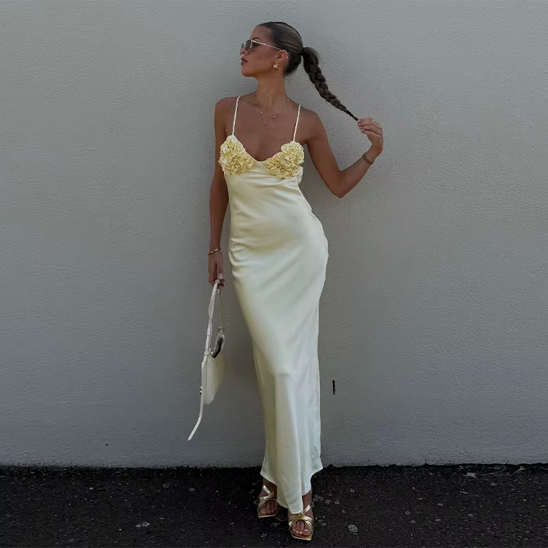 Elegant Lace Up Backless Sleeveless Flower Satin Long Dresses