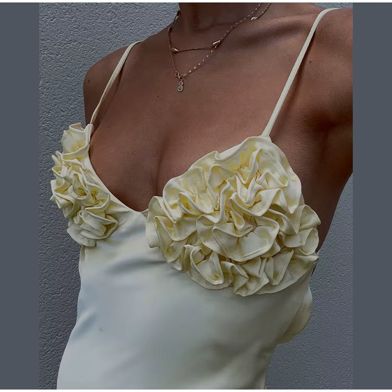 Elegant Lace Up Backless Sleeveless Flower Satin Long Dresses