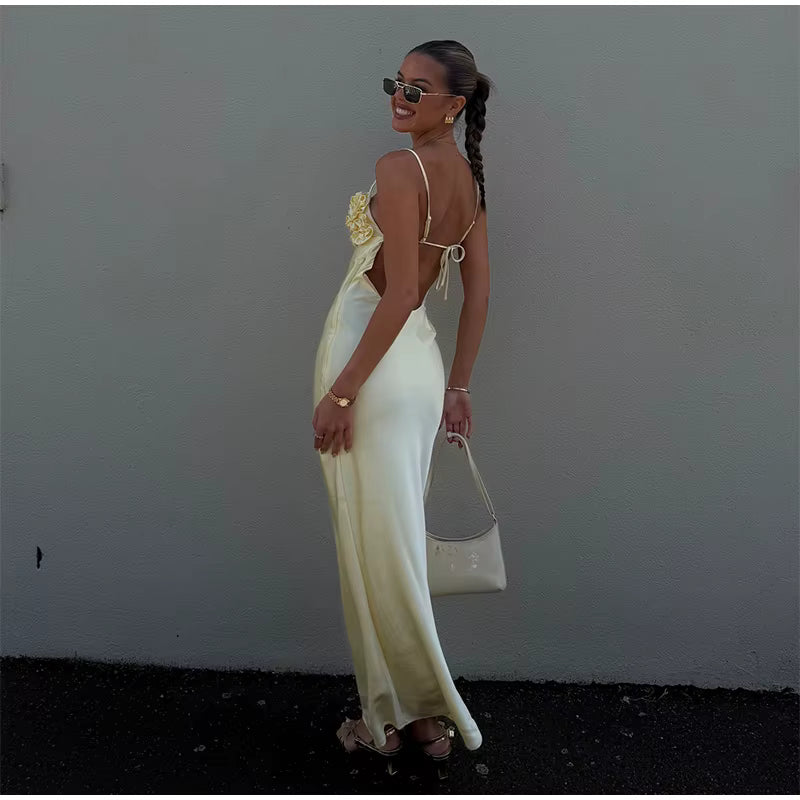 Elegant Lace Up Backless Sleeveless Flower Satin Long Dresses