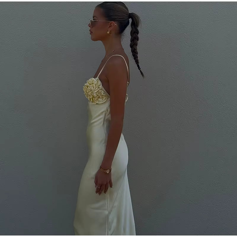 Elegant Lace Up Backless Sleeveless Flower Satin Long Dresses