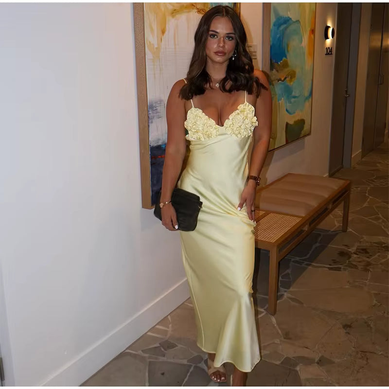 Elegant Lace Up Backless Sleeveless Flower Satin Long Dresses