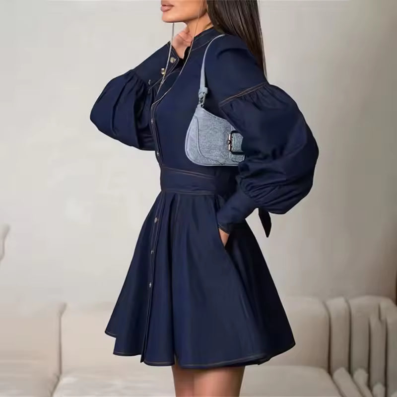 Elegant Lace-Up Blue High Waist Bandage Splice Mini Dress
