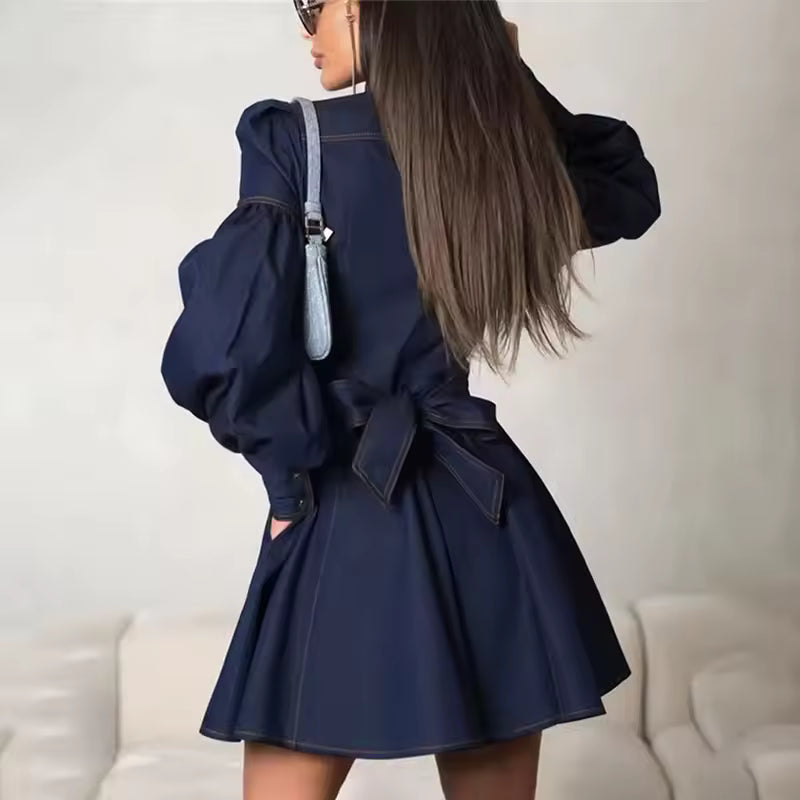 Elegant Lace-Up Blue High Waist Bandage Splice Mini Dress
