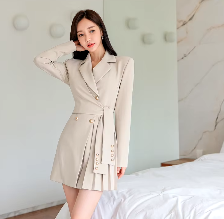 Elegant Lace-Up Double Breasted Full Sleeve Slim Office Party Casual Dress