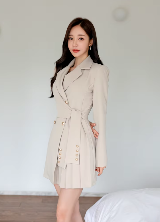 Elegant Lace-Up Double Breasted Full Sleeve Slim Office Party Casual Dress