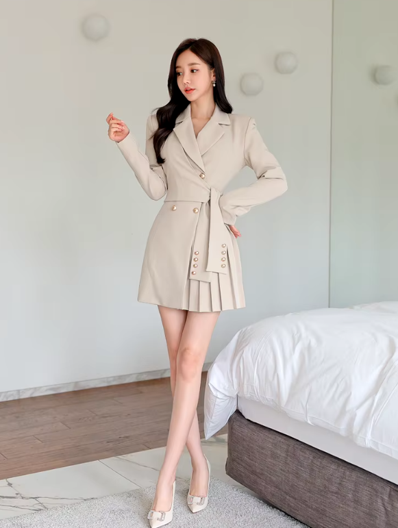 Elegant Lace-Up Double Breasted Full Sleeve Slim Office Party Casual Dress
