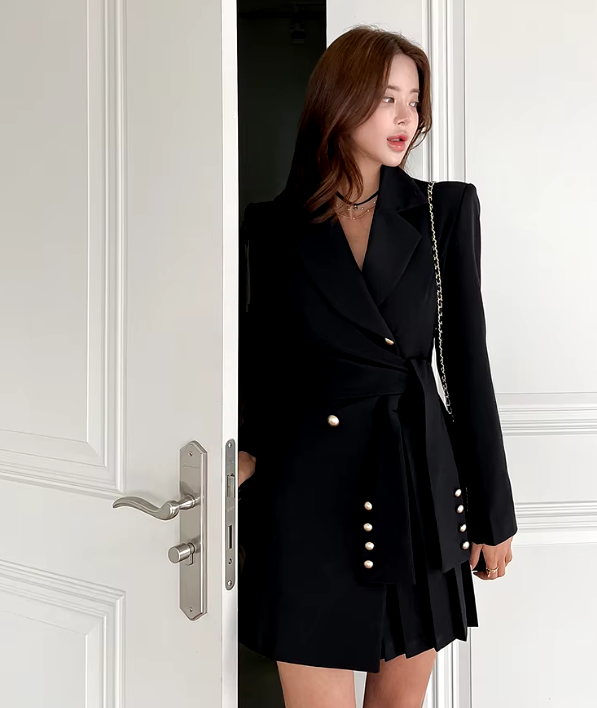 Elegant Lace-Up Double Breasted Full Sleeve Slim Office Party Casual Dress