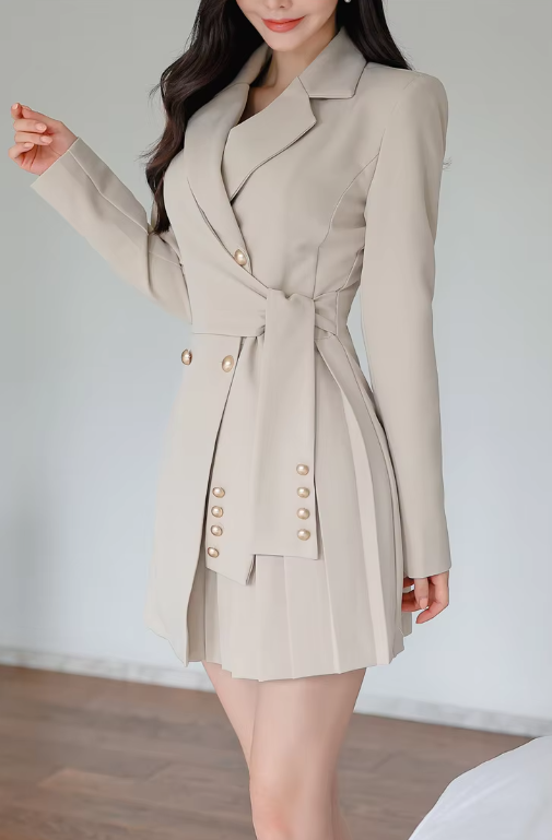 Elegant Lace-Up Double Breasted Full Sleeve Slim Office Party Casual Dress