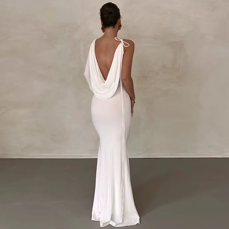 Elegant Lace Up Long Sleeve One Shoulder Birthday Evening Party Bodycon Maxi Dress