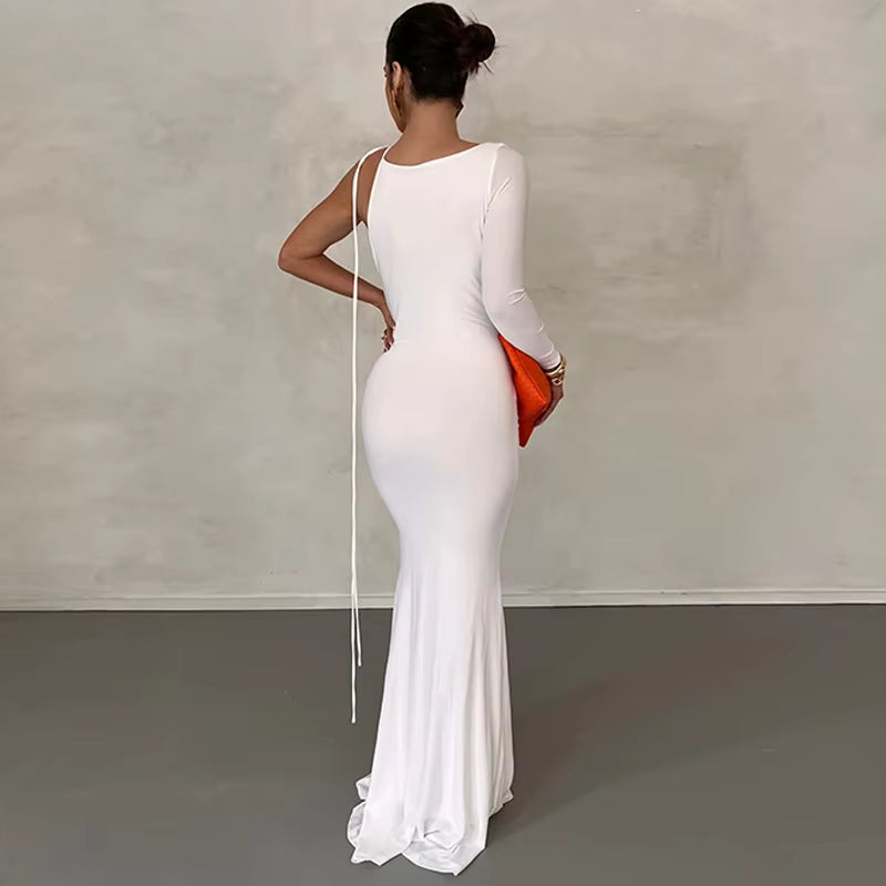 Elegant Lace Up Long Sleeve One Shoulder Birthday Evening Party Bodycon Maxi Dress