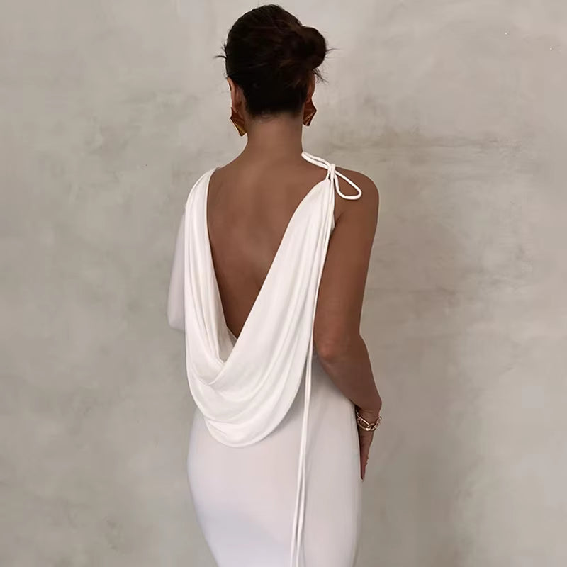 Elegant Lace Up Long Sleeve One Shoulder Birthday Evening Party Bodycon Maxi Dress
