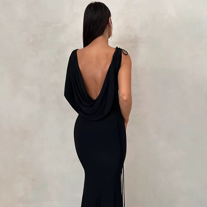 Elegant Lace Up Long Sleeve One Shoulder Birthday Evening Party Bodycon Maxi Dress