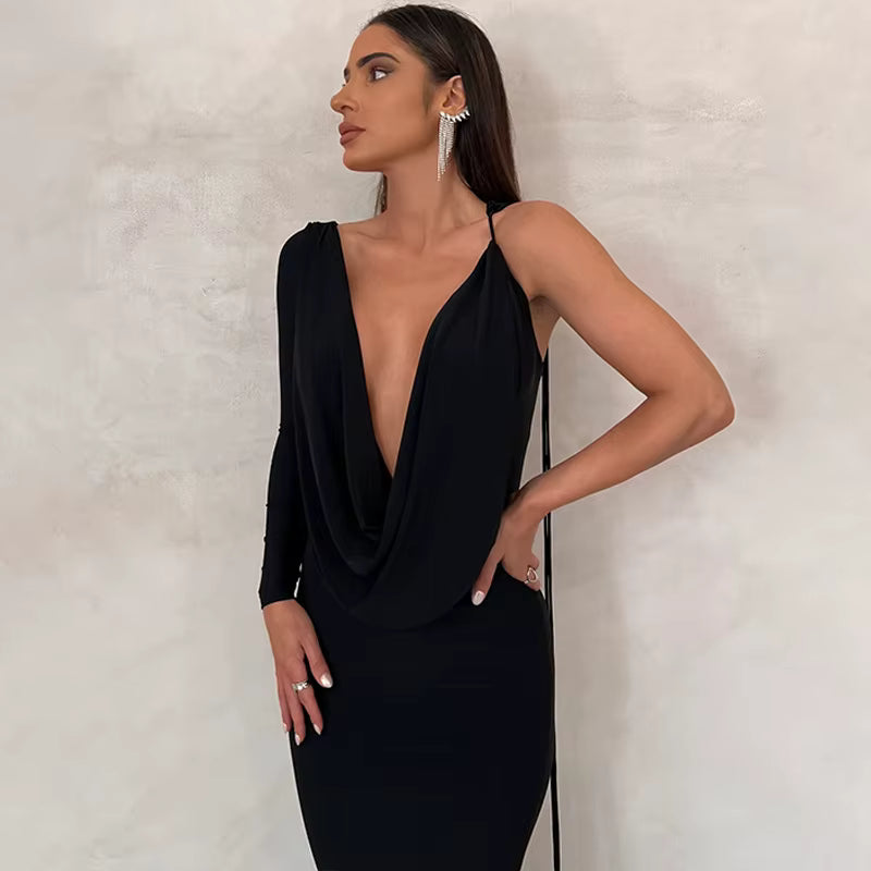 Elegant Lace Up Long Sleeve One Shoulder Birthday Evening Party Bodycon Maxi Dress