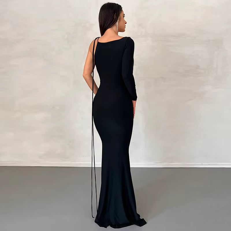 Elegant Lace Up Long Sleeve One Shoulder Birthday Evening Party Bodycon Maxi Dress